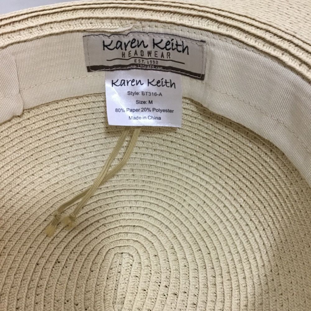 Karen Keith pink hibiscus pattern hat wide brim plaited rim detail 17 1/2” rim - Picture 8 of 8